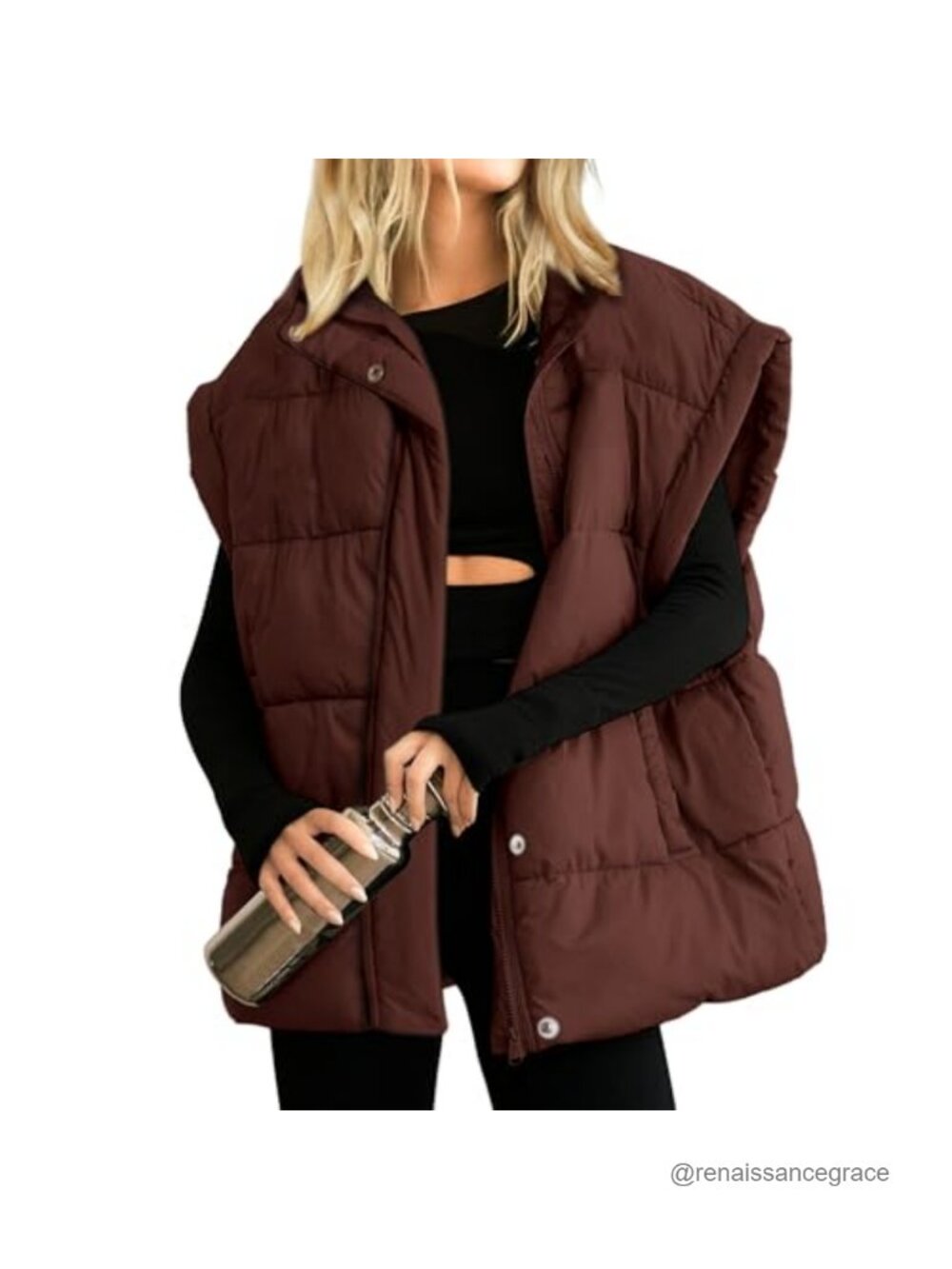 Oversized Quilted Puffer Vest Full Zip Sleeveless Lightweight